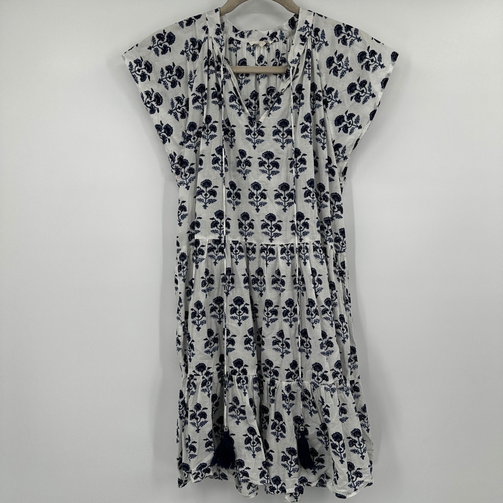 Pomegranate Inc Blue White Floral Block Print Tiered Cotton Mini Dress Large